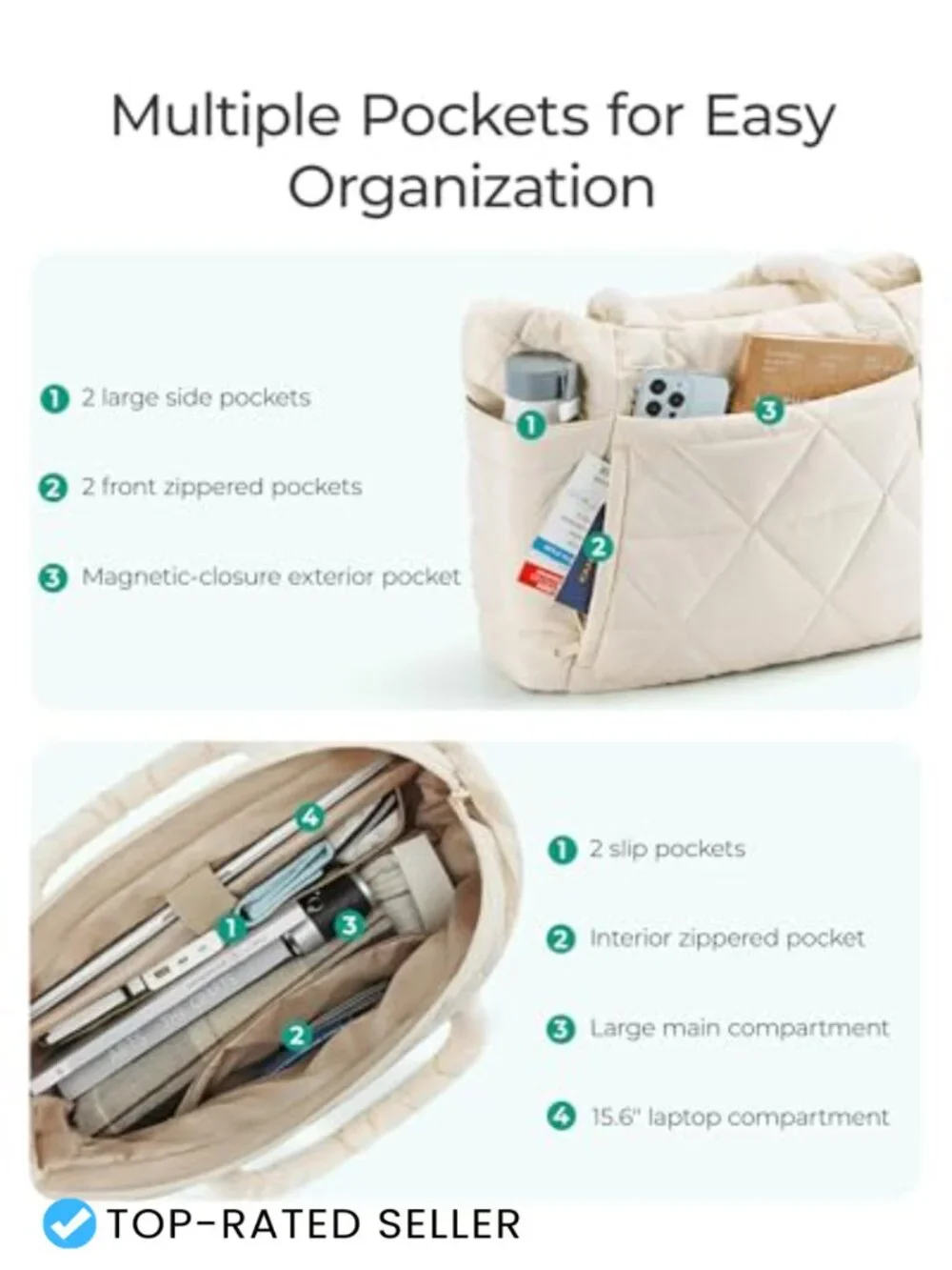 Large Quilted Puffer Tote Bag with Laptop Compartment, Zipper Closure
